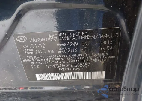 2013 Hyundai Sonata Gls из США, поврежденный, VIN 5NPEB4AC8DH608857